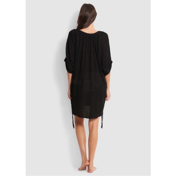 SEAFOLLY Australia Bali Hai Textured Black Gauze Beach Cover Up Dress Large - Picture 3 of 14